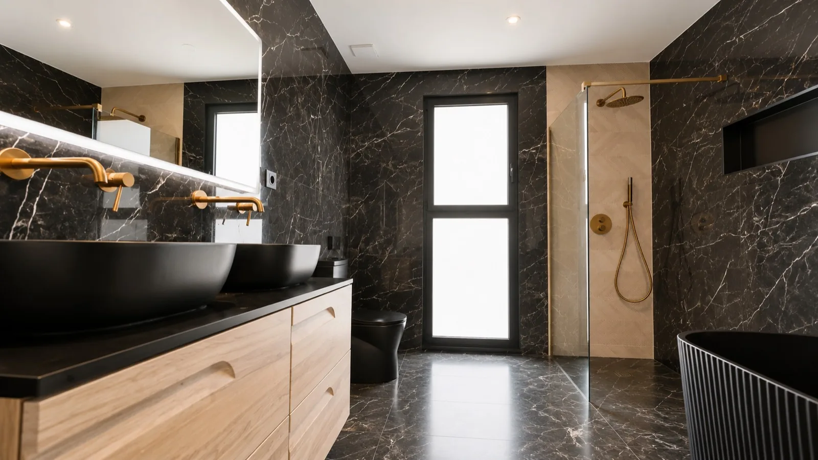 Baño principal en mármol negro con ducha, bañera y grifería dorada